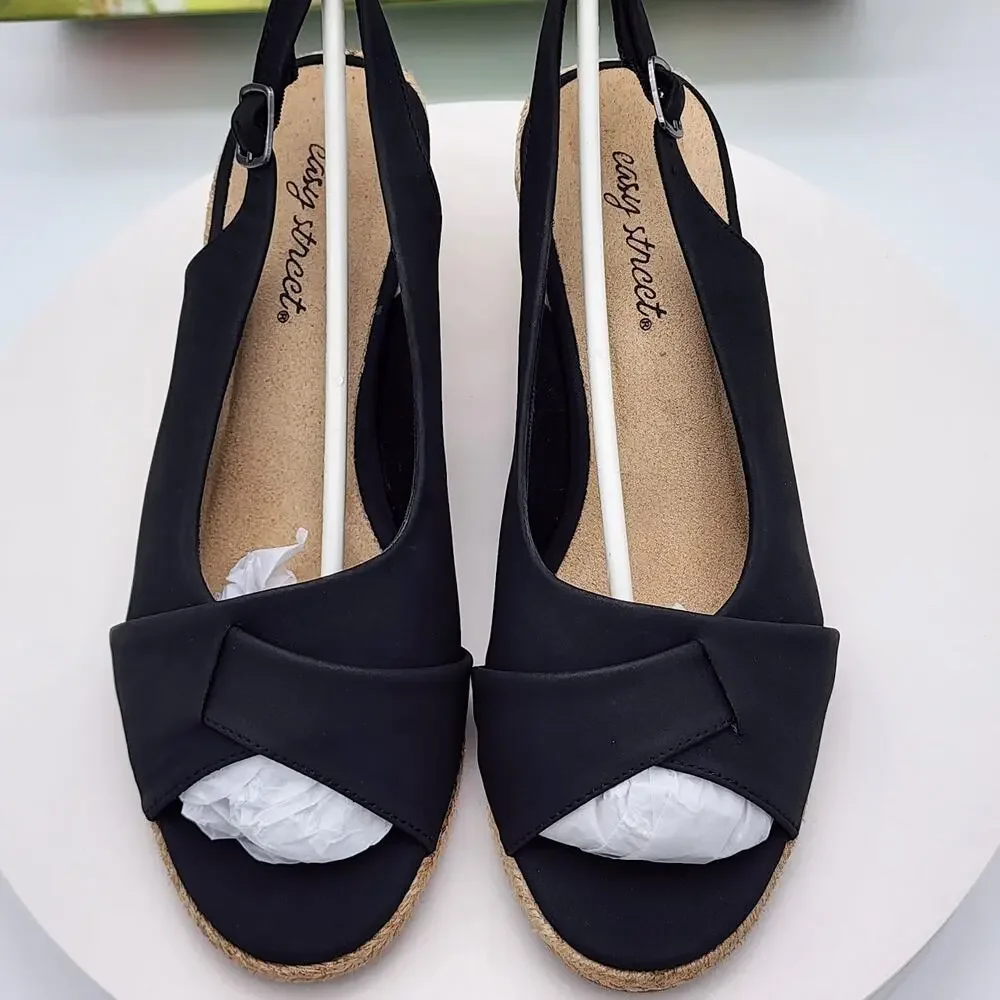 NEW Easy Street Devlin Black Slingback Espadrille Wedge Sandals Women Size 8.5 M